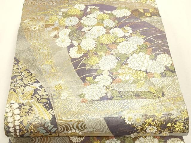 平和屋本店▼全通柄袋帯　草花文　本金箔　正絹　逸品　DABK5892sf