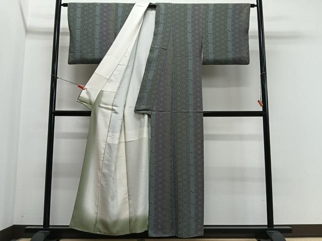 平和屋着物■上質な小紋　麻の葉文様　黒地　正絹　逸品　CABN9248ua