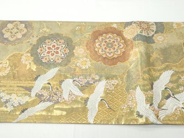 平和屋着物●両面　両方向　全通柄袋帯　髄祥秀麗文　吉祥髄鶴文　金糸　正絹　逸品　CABN8270hy
