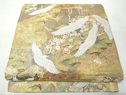 平和屋着物●両面　両方向　全通柄袋帯　髄祥秀麗文　吉祥髄鶴文　金糸　正絹　逸品　CABN8270hy