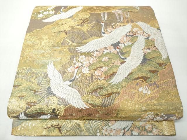 平和屋着物●両面　両方向　全通柄袋帯　髄祥秀麗文　吉祥髄鶴文　金糸　正絹　逸品　CABN8270hy