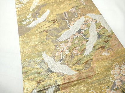 平和屋着物●両面　両方向　全通柄袋帯　髄祥秀麗文　吉祥髄鶴文　金糸　正絹　逸品　CABN8270hy