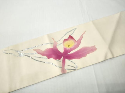 平和屋着物●塩瀬　九寸名古屋帯　ろうけつ染　カトレア　金銀彩　正絹　逸品　CABN8320hy
