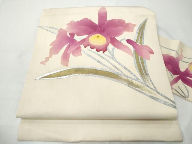 平和屋着物●塩瀬　九寸名古屋帯　ろうけつ染　カトレア　金銀彩　正絹　逸品　CABN8320hy