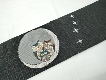 平和屋着物●九寸名古屋帯　みみずく　黒地　正絹　逸品　CABN8308hy