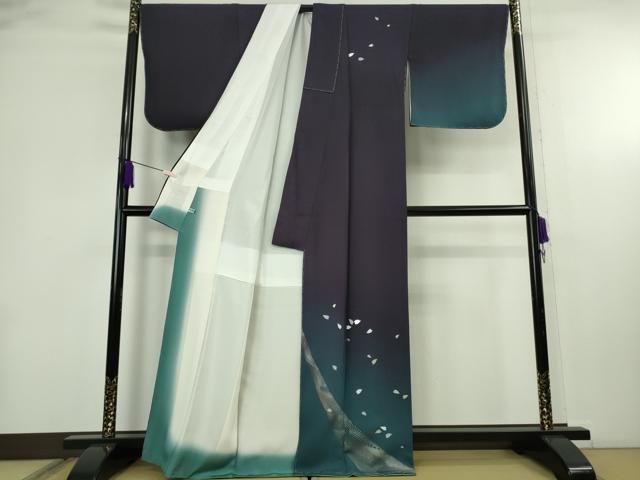 平和屋本店●極上　金彩友禅 卓越技能者・名工・和田光正 訪問着・袋帯セット 舞桜　鉄紺色地　暈し染め　銀彩　逸品　未使用　DZAB6359kh6