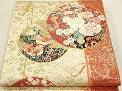 平和屋本店▼六通柄袋帯　御所車花鳥文　本金箔　正絹　逸品　DABK5959sf