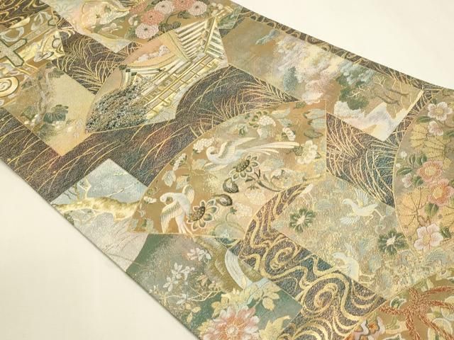 平和屋本店▼極上　西陣あさぎ　丸帯　伝承国宝図　プラチナ本金箔　壱仟八百口織　分析通知書付き　正絹　逸品　DABL7529sf
