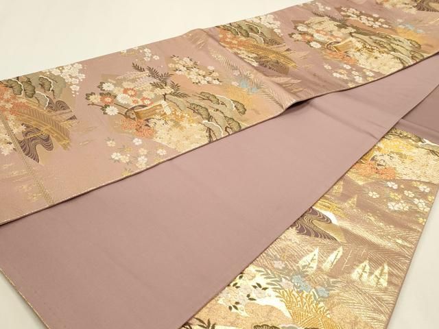 平和屋本店▼六通柄袋帯　御所車渡橋花文　本金箔　正絹　逸品　DABL7552sf