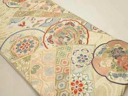 平和屋本店▼六通柄袋帯　唐織　九百錦　絵皿華扇文　本金箔24Ｋ　正絹　逸品　DABL7546sf