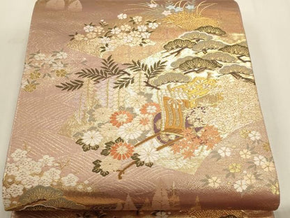 平和屋本店▼六通柄袋帯　御所車渡橋花文　本金箔　正絹　逸品　DABL7552sf