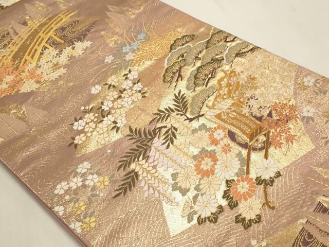 平和屋本店▼六通柄袋帯　御所車渡橋花文　本金箔　正絹　逸品　DABL7552sf