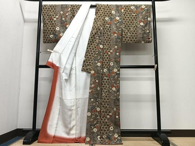 平和屋着物●上質な小紋　草花間道　正絹　逸品　未使用　CABN9343ua
