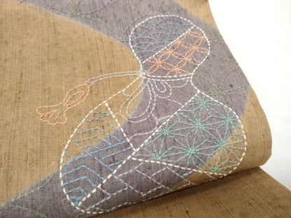 平和屋着物●袋帯　総刺繍　紬地　刺し子　瓢箪　正絹　逸品　未使用　CABO1684hy