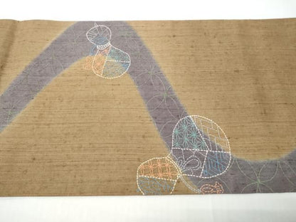 平和屋着物●袋帯　総刺繍　紬地　刺し子　瓢箪　正絹　逸品　未使用　CABO1684hy