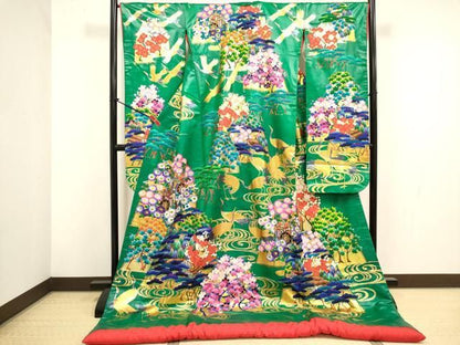 平和屋本店●本手描友禅作家 秋山章 色打掛 お引きずり 和装 婚礼 結婚式 花嫁 神社挙式 御所車風景飛鳥花文 正絹 逸品 DABL4308cd
