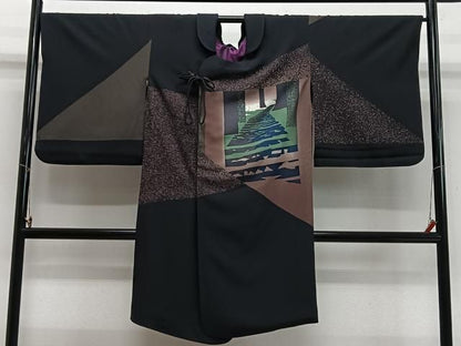 平和屋着物＃コート作家　三本賢　道行コート　幾何学文　ロング丈　正絹　逸品　CABN9399ua