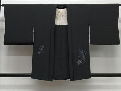 平和屋着物＃羽織　総刺繍　草葉文　黒地　銀糸　正絹　逸品　CABN9384ua
