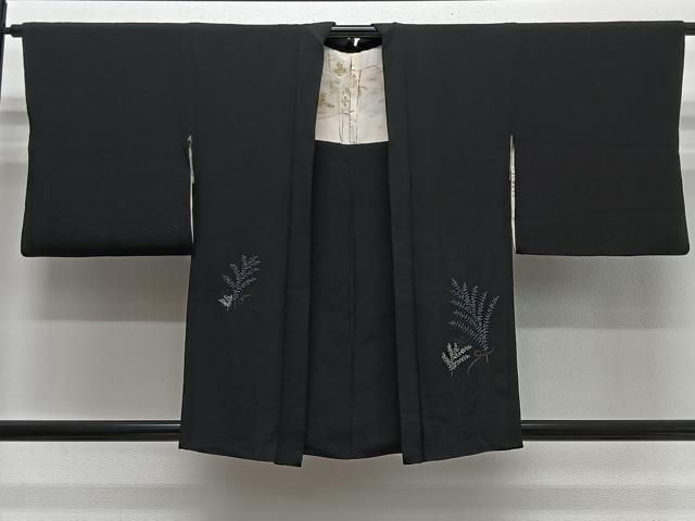 平和屋着物＃羽織　総刺繍　草葉文　黒地　銀糸　正絹　逸品　CABN9384ua
