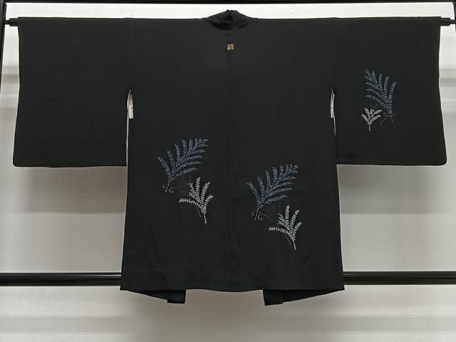 平和屋着物＃羽織　総刺繍　草葉文　黒地　銀糸　正絹　逸品　CABN9384ua