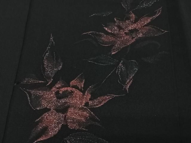 平和屋着物＃羽織　寿光織　草花文　黒地　銀糸　正絹　逸品　CABN9383ua