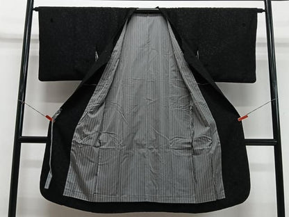 平和屋着物＃道行コート　輪奈ビロード　葉尽くし　黒地　ロング丈　正絹　逸品　CABN9407ua