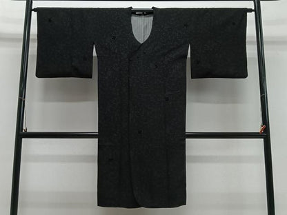 平和屋着物＃道行コート　輪奈ビロード　葉尽くし　黒地　ロング丈　正絹　逸品　CABN9407ua