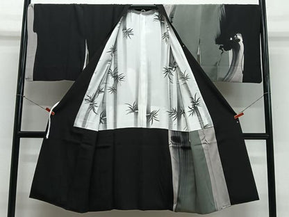 平和屋着物＃道行コート　抽象文様　黒地　ロング丈　正絹　逸品　CABN9415ua