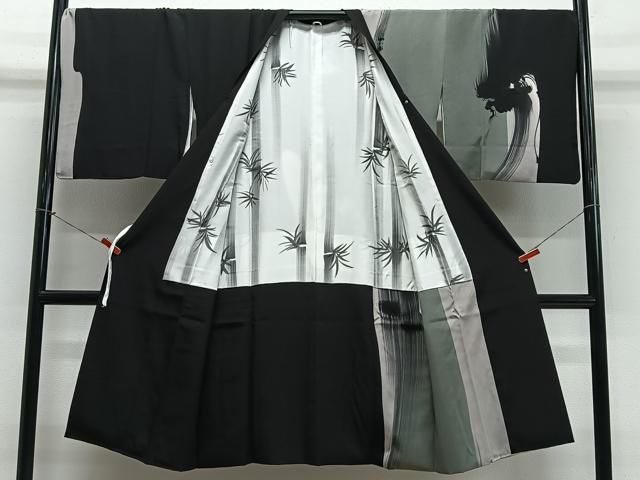 平和屋着物＃道行コート　抽象文様　黒地　ロング丈　正絹　逸品　CABN9415ua