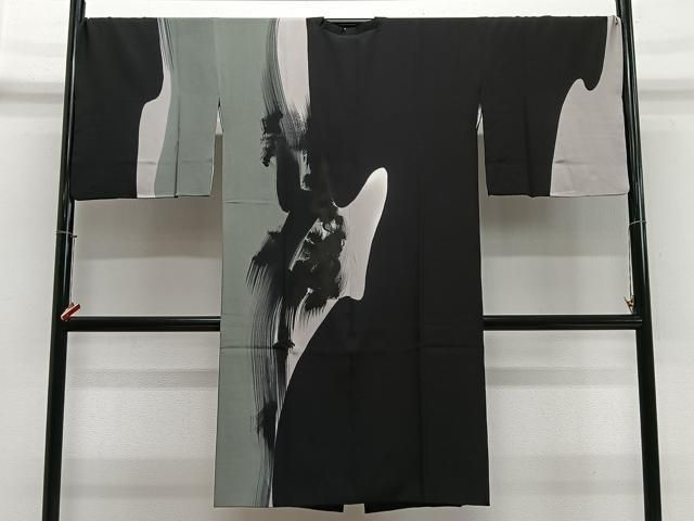 平和屋着物＃道行コート　抽象文様　黒地　ロング丈　正絹　逸品　CABN9415ua