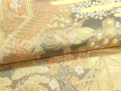 平和屋本店▼六通柄袋帯　平安の庭　純金箔　手織二重箔　正絹　逸品　DABL7629sf