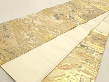 平和屋本店▼六通柄袋帯　平安の庭　純金箔　手織二重箔　正絹　逸品　DABL7629sf