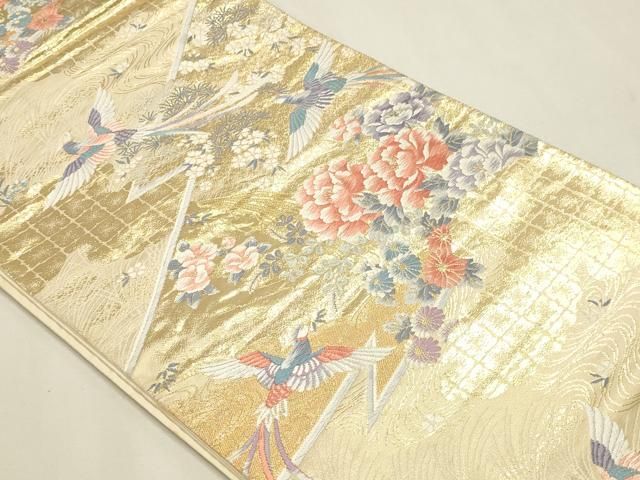 平和屋本店▼六通柄袋帯　唐織　尾長鳥花文　本金箔二重織　正絹　逸品　DABL7656sf