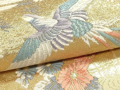 平和屋本店▼六通柄袋帯　唐織　尾長鳥花文　本金箔二重織　正絹　逸品　DABL7656sf