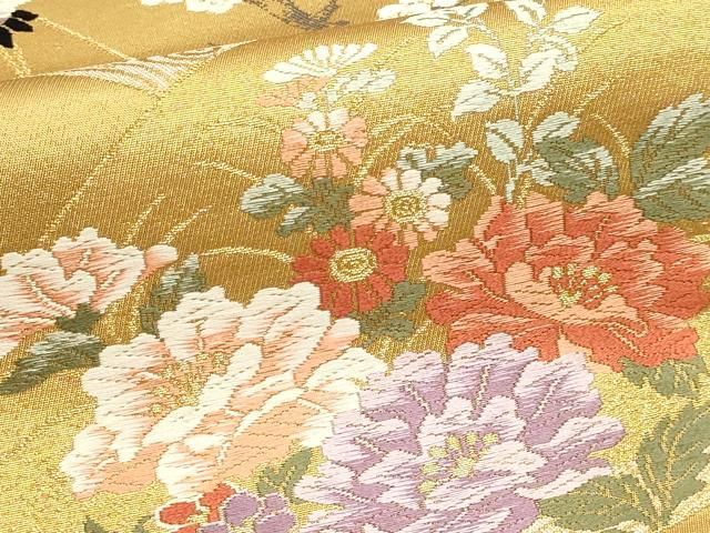 平和屋本店▼六通柄袋帯　唐織　群鶴花文　深金箔　弐拾四金二重箔　正絹　逸品　DABL7709sf