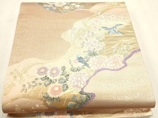 平和屋本店▼六通柄袋帯　唐織　花鳥文　純銀純金箔　正絹　逸品　DABL7696sf
