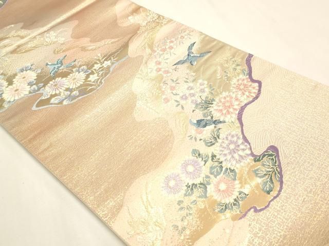平和屋本店▼六通柄袋帯　唐織　花鳥文　純銀純金箔　正絹　逸品　DABL7696sf