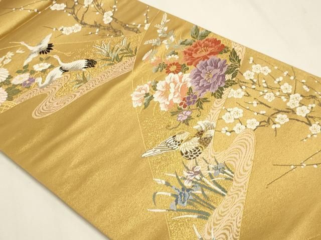 平和屋本店▼六通柄袋帯　唐織　群鶴花文　深金箔　弐拾四金二重箔　正絹　逸品　DABL7709sf