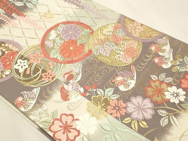 平和屋本店▼六通柄袋帯　草木染　唐織　触衣本唐織　花鳥丸文　本金箔　正絹　逸品　DABL7775sf