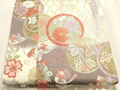 平和屋本店▼六通柄袋帯　草木染　唐織　触衣本唐織　花鳥丸文　本金箔　正絹　逸品　DABL7775sf