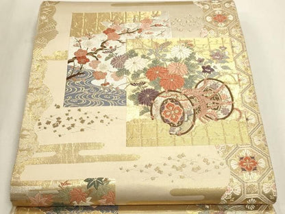 平和屋本店▼六通柄袋帯　唐織　九百錦　色紙花鼓文　本金箔　正絹　逸品　DABL7788sf
