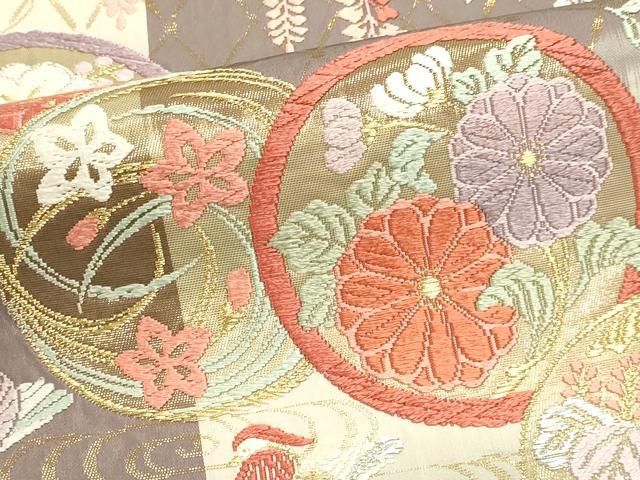 平和屋本店▼六通柄袋帯　草木染　唐織　触衣本唐織　花鳥丸文　本金箔　正絹　逸品　DABL7775sf