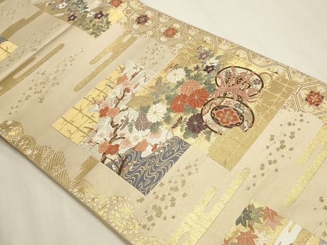 平和屋本店▼六通柄袋帯　唐織　九百錦　色紙花鼓文　本金箔　正絹　逸品　DABL7788sf