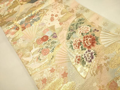 平和屋本店▼六通柄袋帯　唐織　扇面飛鶴花文　本金箔24K　正絹　逸品　DABL9258op