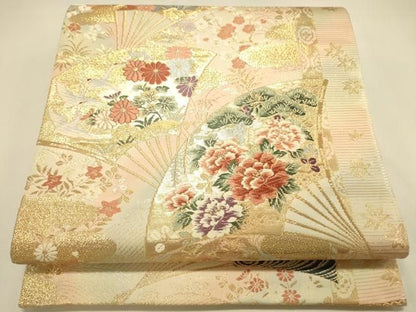 平和屋本店▼六通柄袋帯　唐織　扇面飛鶴花文　本金箔24K　正絹　逸品　DABL9258op