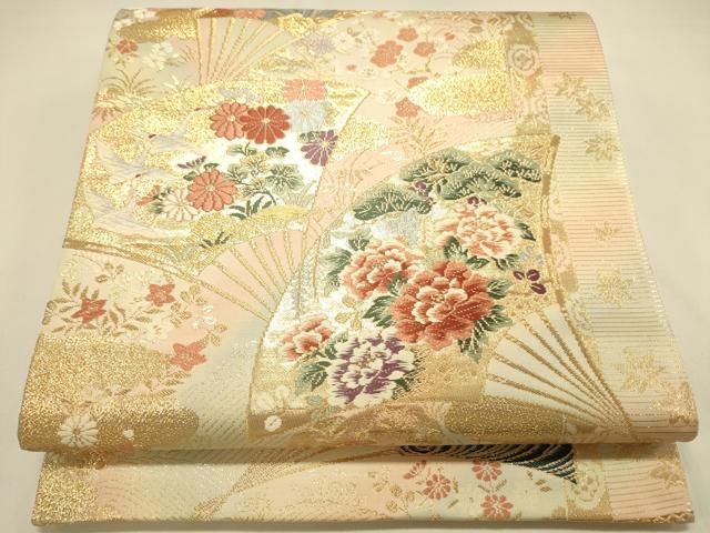 平和屋本店▼六通柄袋帯　唐織　扇面飛鶴花文　本金箔24K　正絹　逸品　DABL9258op