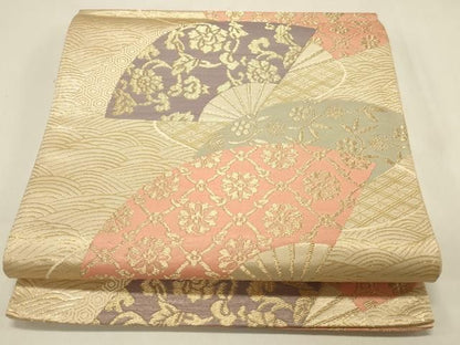 平和屋本店▼六通柄袋帯　扇面花唐草文　純金箔　正絹　逸品　DABL9267op
