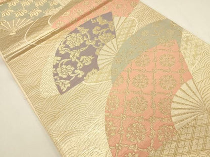平和屋本店▼六通柄袋帯　扇面花唐草文　純金箔　正絹　逸品　DABL9267op