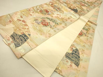 平和屋本店▼六通柄袋帯　唐織　扇面飛鶴花文　本金箔24K　正絹　逸品　DABL9258op