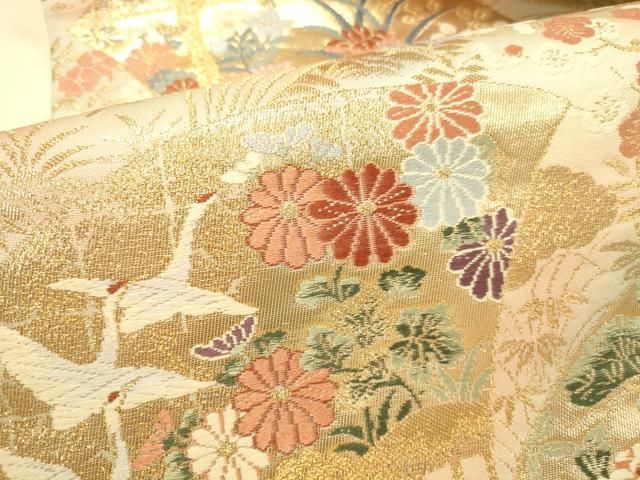 平和屋本店▼六通柄袋帯　唐織　扇面飛鶴花文　本金箔24K　正絹　逸品　DABL9258op